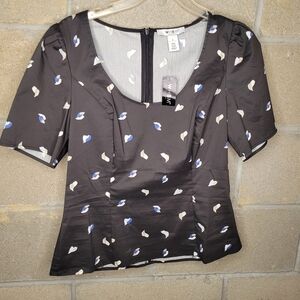 WHBM Women's Black and Blue Patterned Top Sz. 6 (NWT)